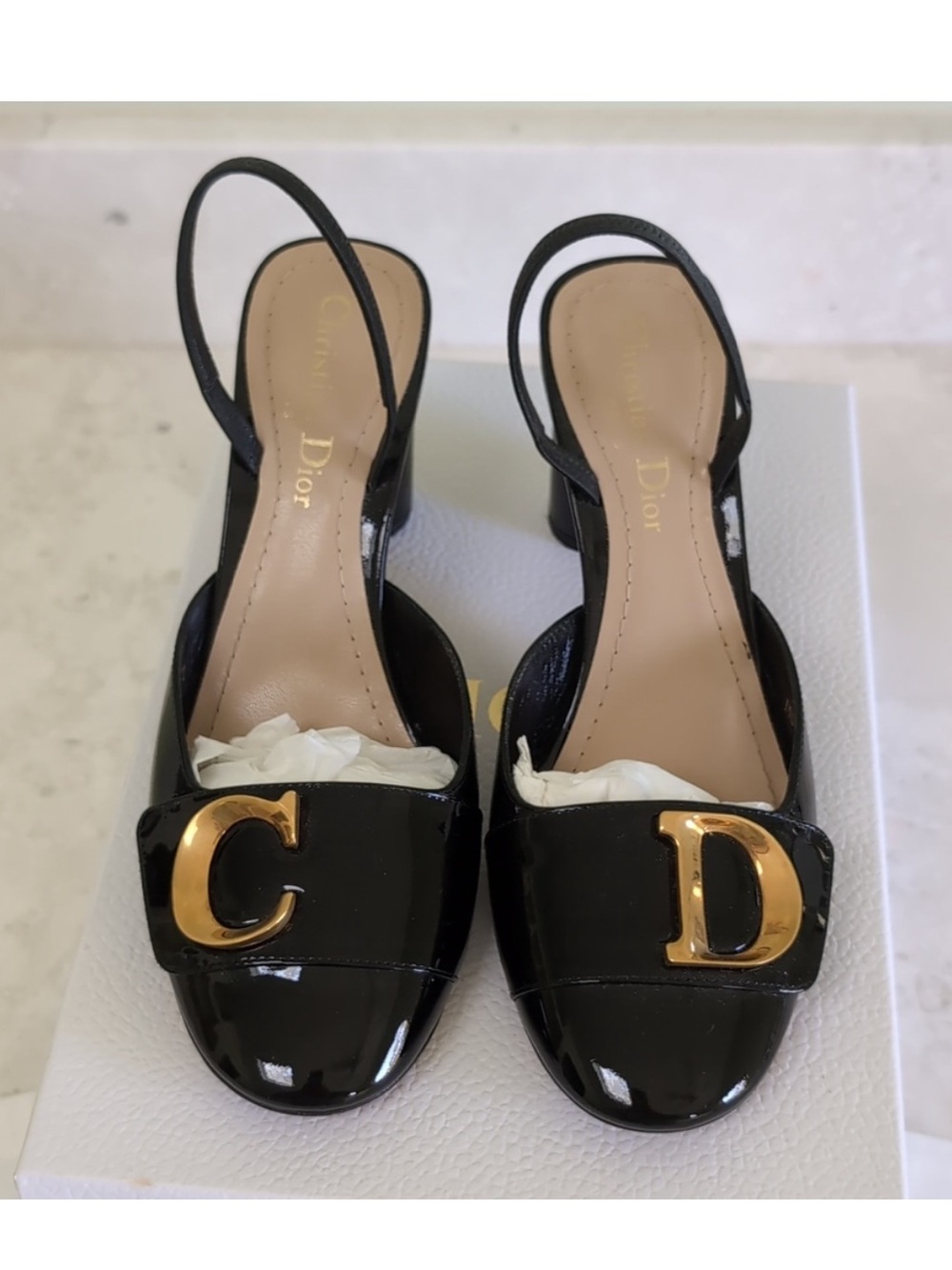 Dior Black Patent Leather Slingback Mules with Gold CD Emblem